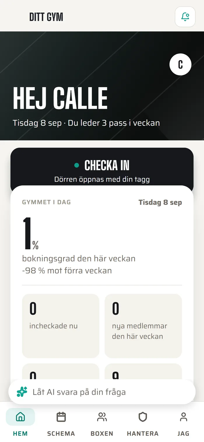 Coachens startsida i appen med veckans pass och studion i dag