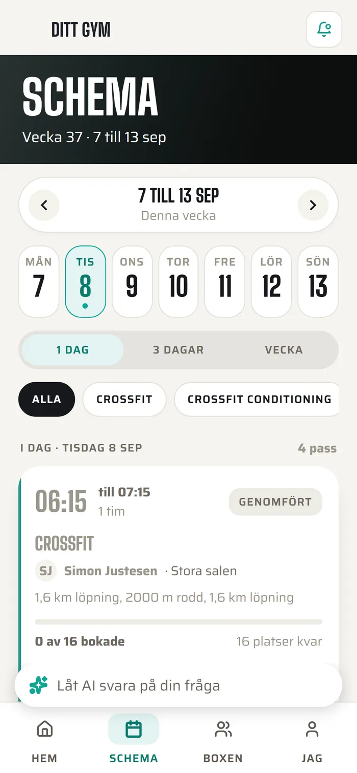 Medlemsappens schema med veckoväljare och dagens pass
