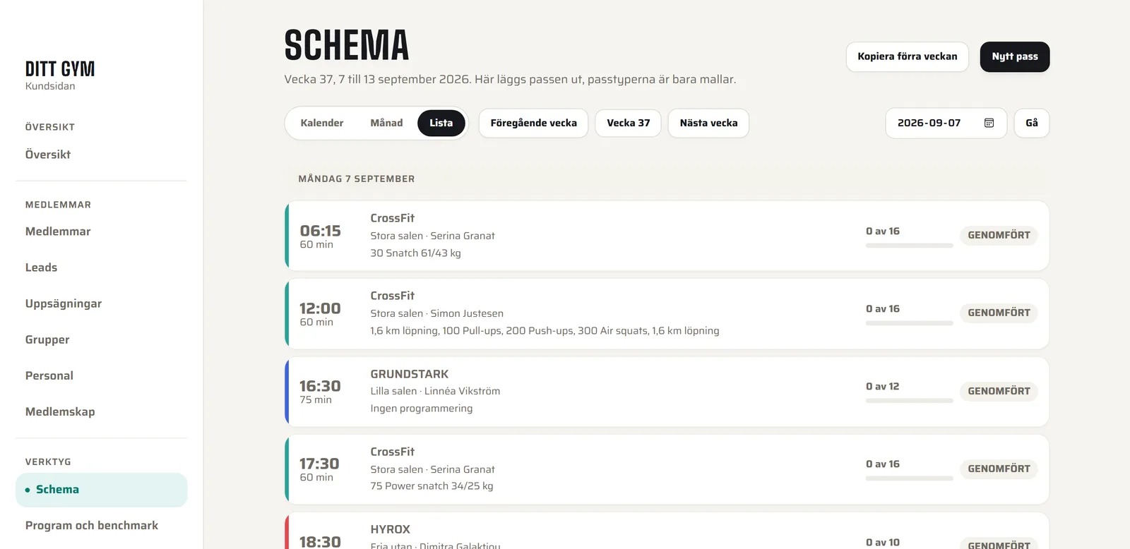 Kundsidans schema med veckans pass